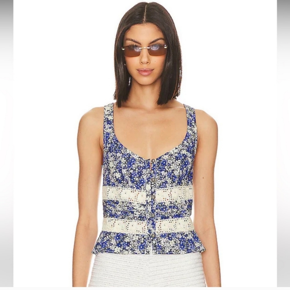 NWT Free People $88 Kiana Lace Tank Printed In Blue Combo Size XL